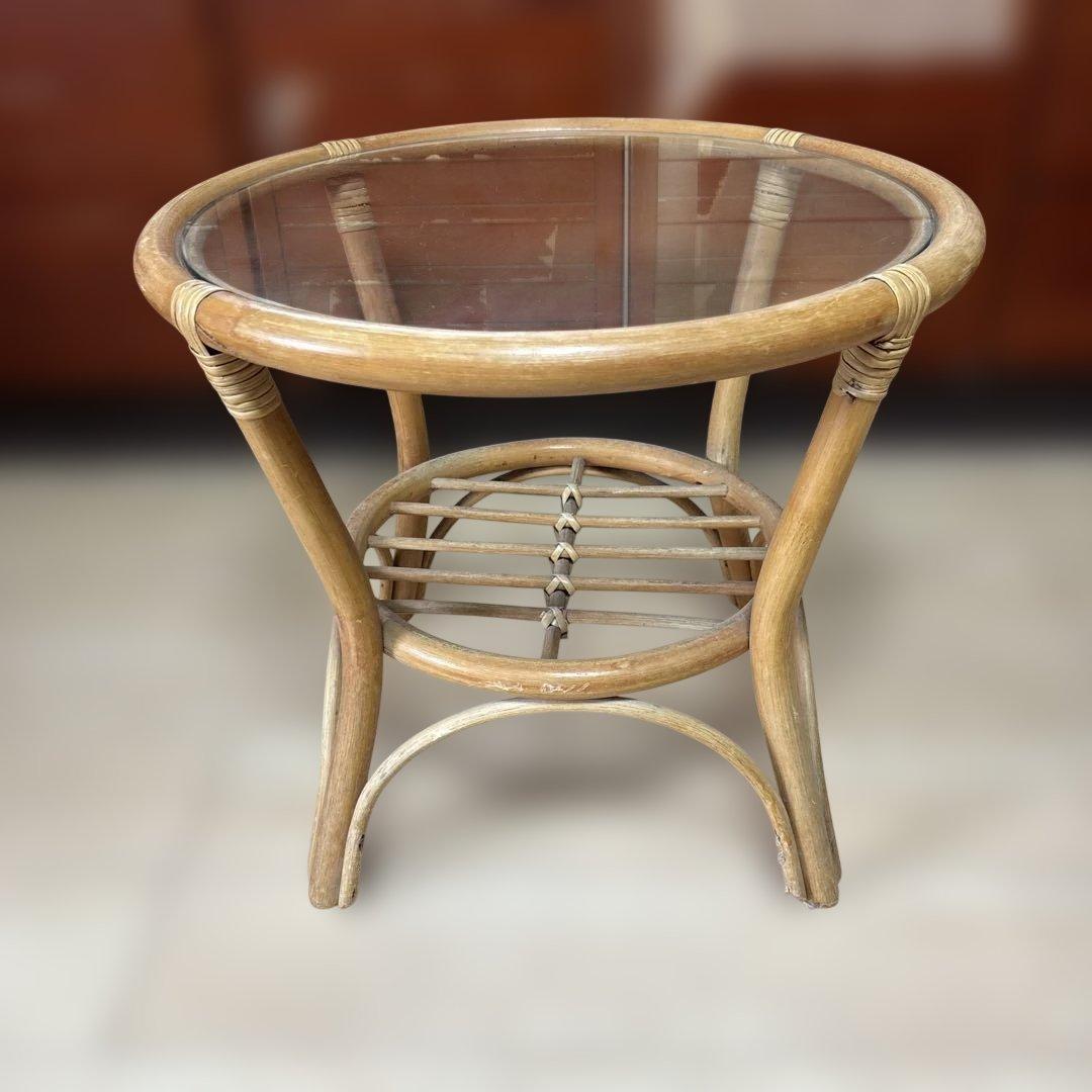 ラタン ガラステーブル 丸テーブル 籐 サイドテーブル ローテーブル