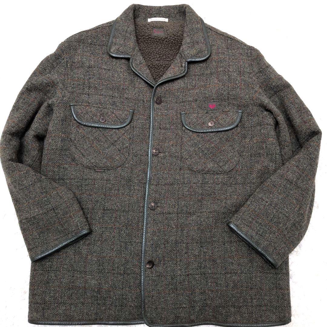 未使用級 L】パパス ハリスツイード ハーフコート 裏ボア レザーパイピング