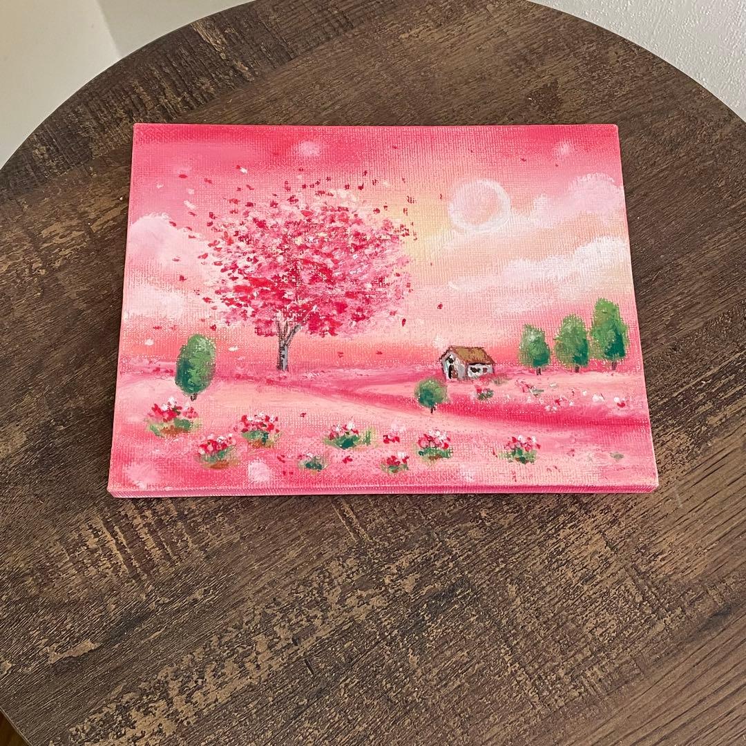 オイルパステル画 アクリル画 いちご色の風景No.6 キャンバスボード ご
