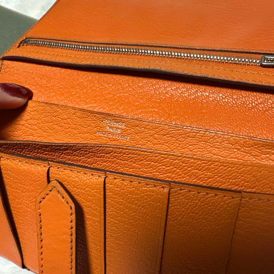 HERMES エルメス＊ベアン スフレ マチ有 オレンジ 刻印 □P 長財布