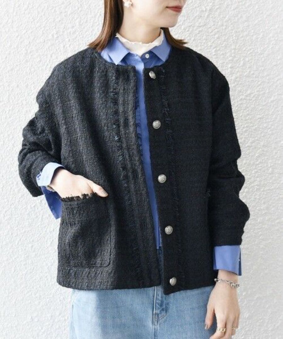 新品　SHIPS any ノーカラー ツイード ジャケットNAVYBLUE セール】 SHIPS any:ノーカラー ツイード ジャケット［NAVY BLUE