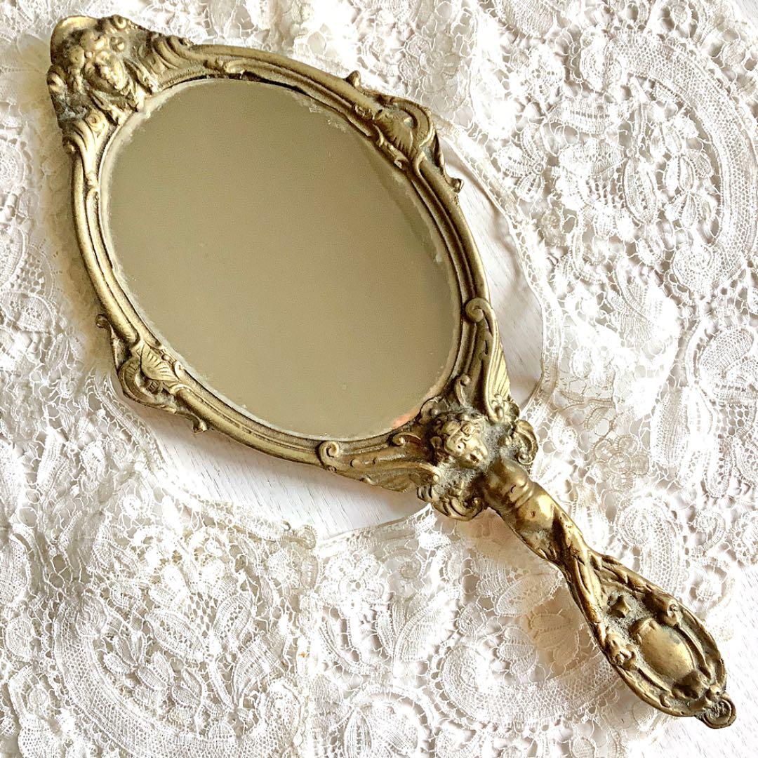 フランス アンティーク■天使 エンジェル 手鏡 ミラー 骨董品 ディスプレイ 天使の手鏡 エンジェルモチーフ ミラー | Brocante de La Cocotte