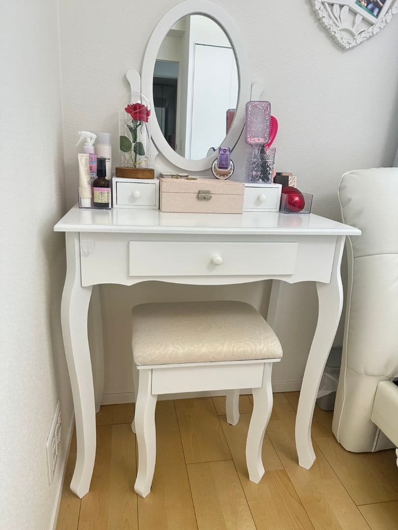 ホワイト 木製 ドレッサー 鏡台 ドレッサー 三面鏡 おしゃれ 無垢 天然木 完成品 椅子付き 白 ホワイト