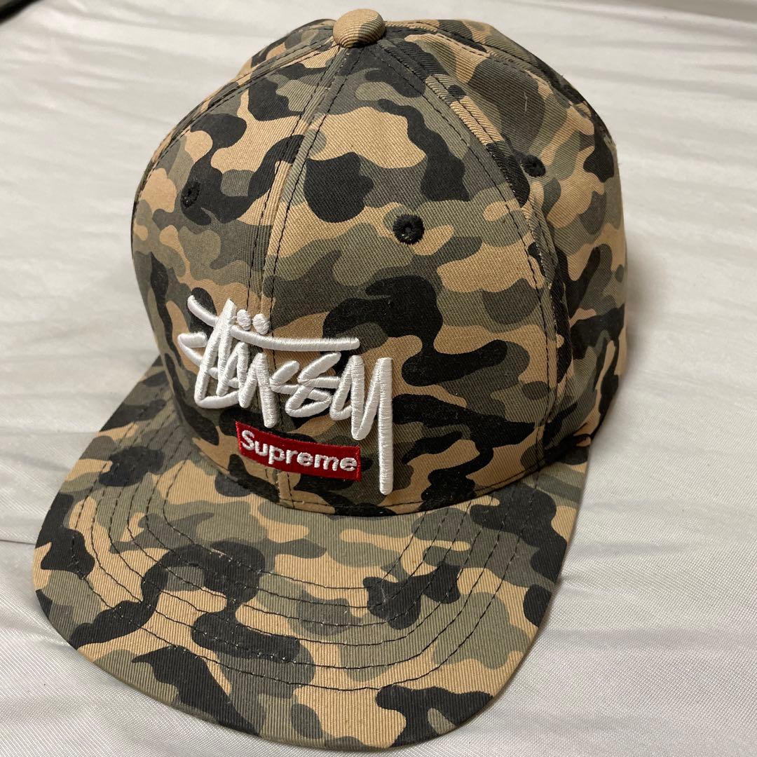 新品未使用 迷彩柄 Stussy ロゴ入り刺繍とSupremeワッペン付キャップ