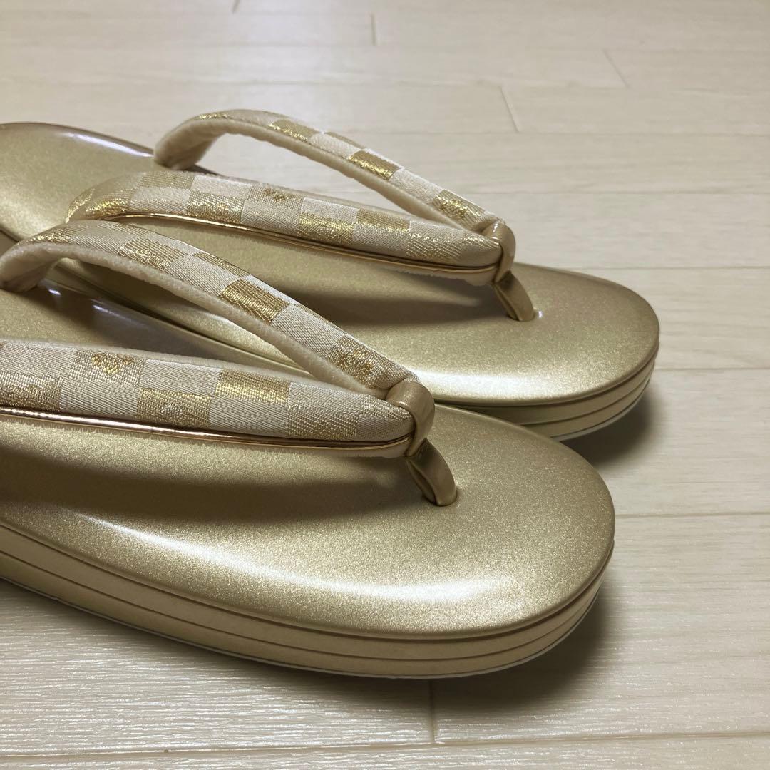 《未使用》草履バッグセット　市松模様　ゴールド