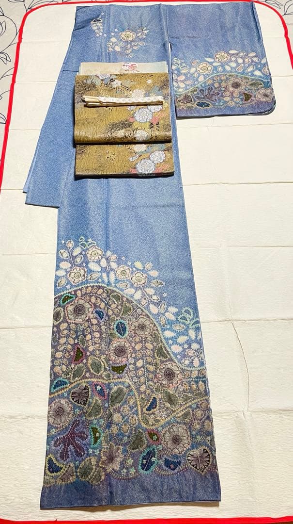訪問着フルセット　辻ヶ花　作家　落款　絞り　銀通し　ふくれ帯　しつけ糸付 作家物 辻が花 絞り 銀通し 天目染め 落款 袷 訪問着 正絹 ブルー 白