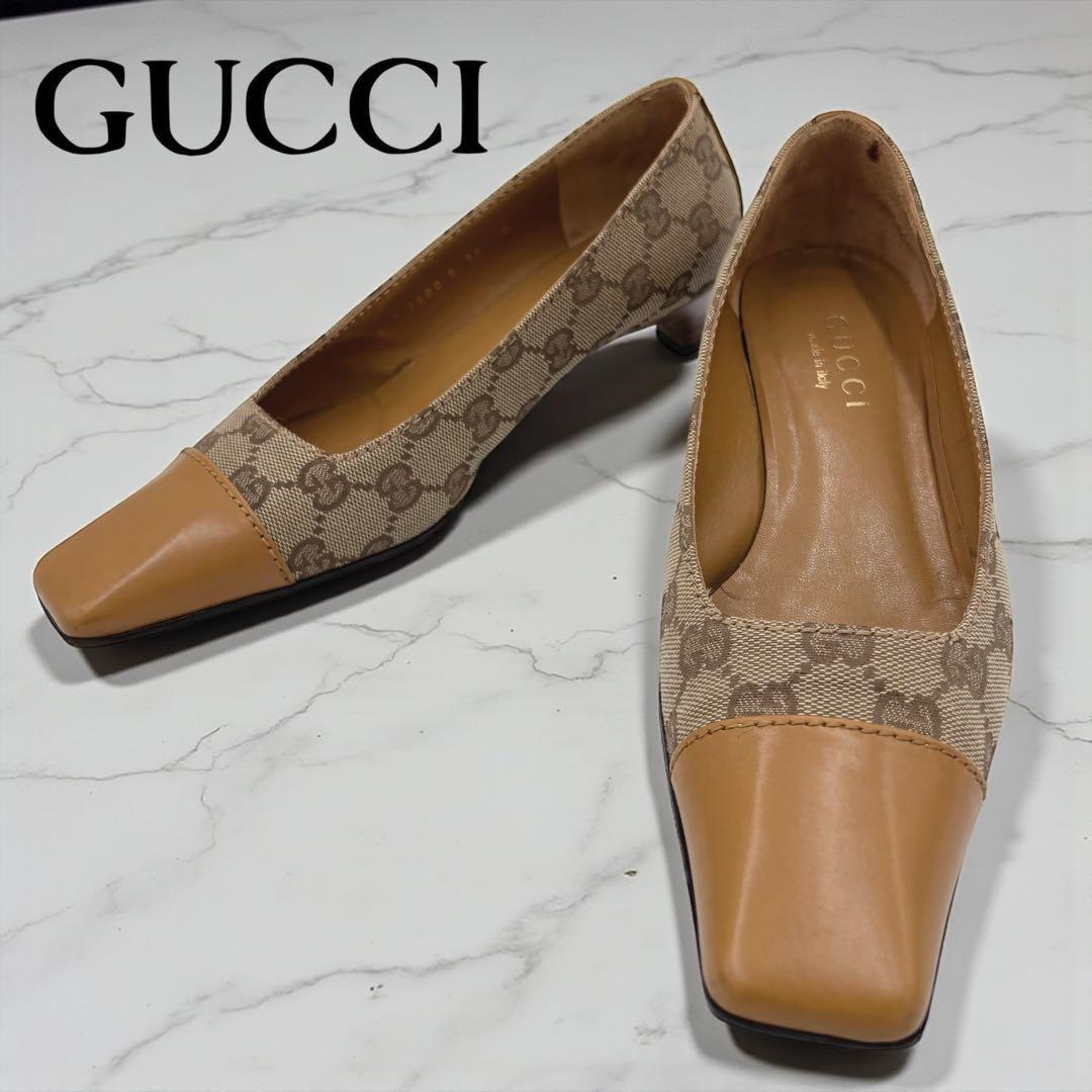 GUCCI グッチ GGキャンバス× レザー パンプス 36 約23㎝ ベージュ オンライン限定 ダブルG バイカラー スモールウォレット ・ベージュ