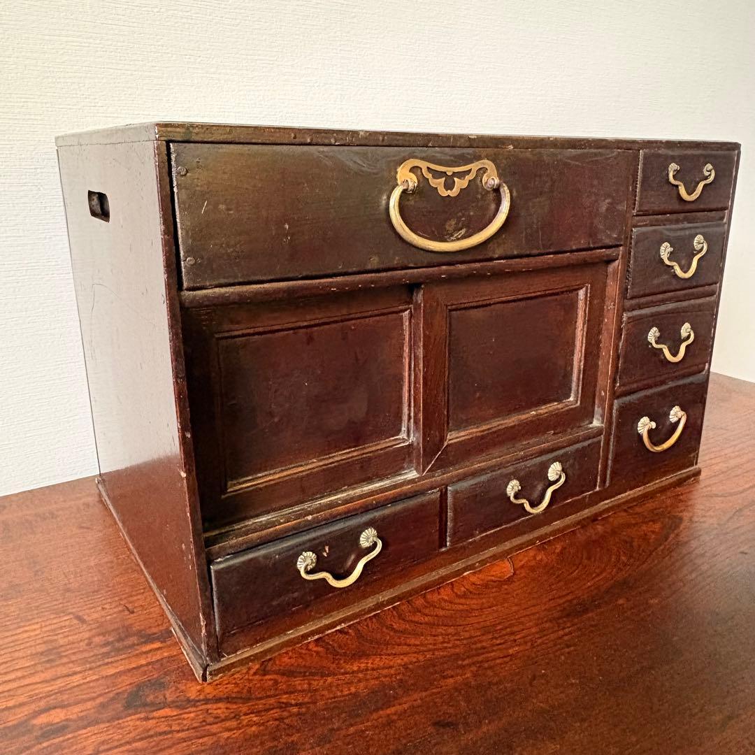 古家具 小箪笥 小引き出し7杯 卓上箪笥 真鍮取っ手 無垢材 古道具