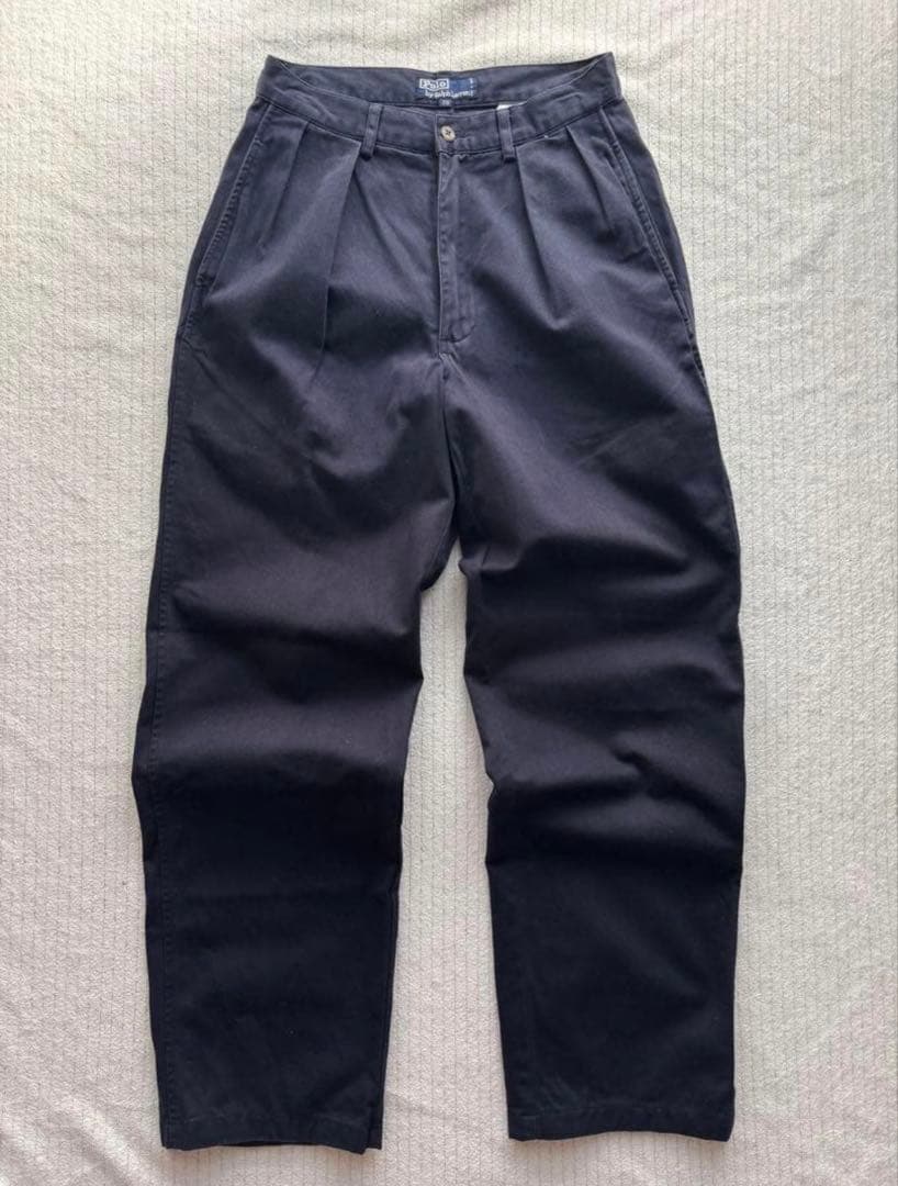 90s ラルフローレン ポロチノ 初期 四角タグ 2タック ネイビー W29