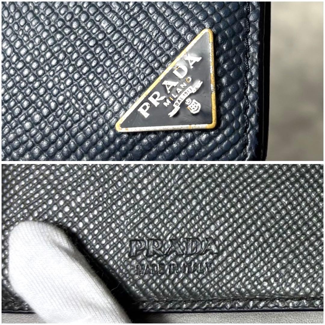 美品】プラダ マネークリップ 財布 三角ロゴ サフィアーノ レザー 紺色