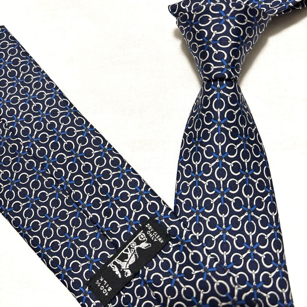 極美品 HERMES エルメス ネクタイ ブラック 金具 チェーン柄 総柄