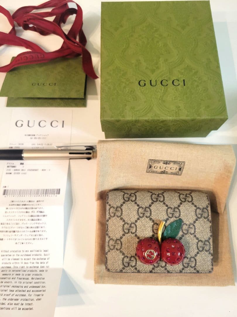 GGスプリーム チェリー PVC 二つ折り財布 2022年 GUCCI◇さくらんぼ/2つ折り財布_GGスプリーム/レザー/ベージュ/総柄