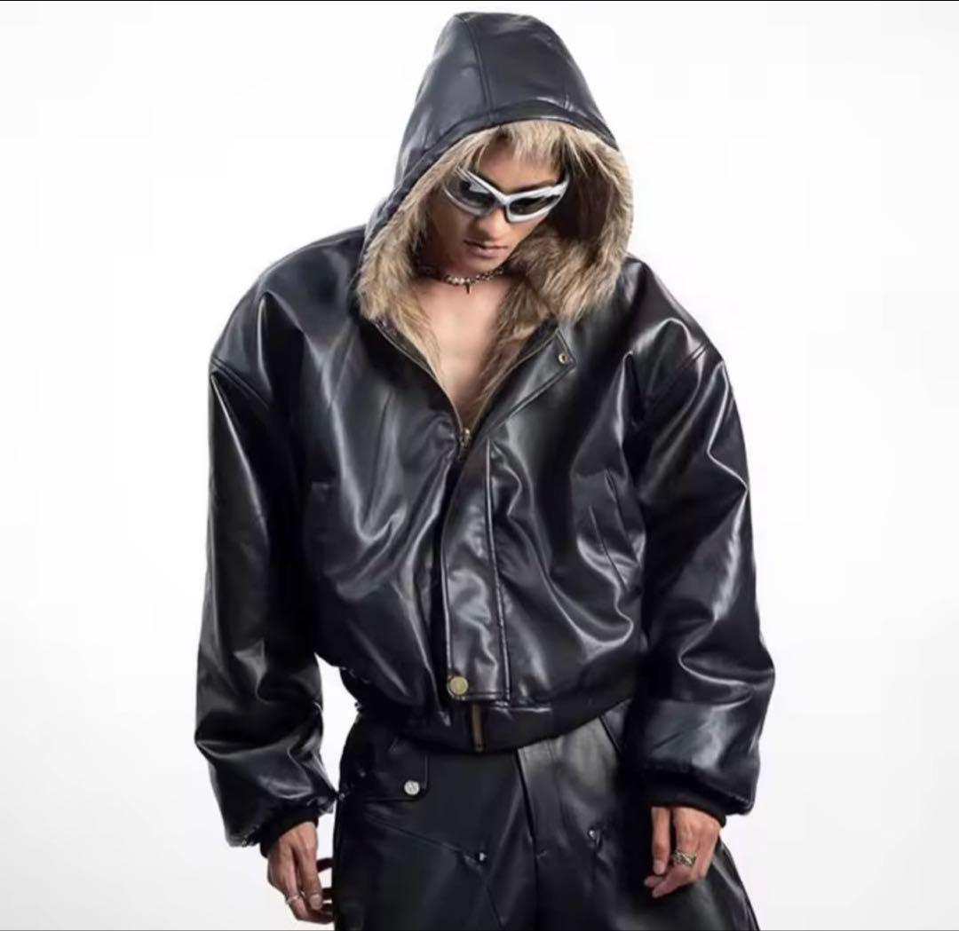 フード付きレザージャケット - メルカリ