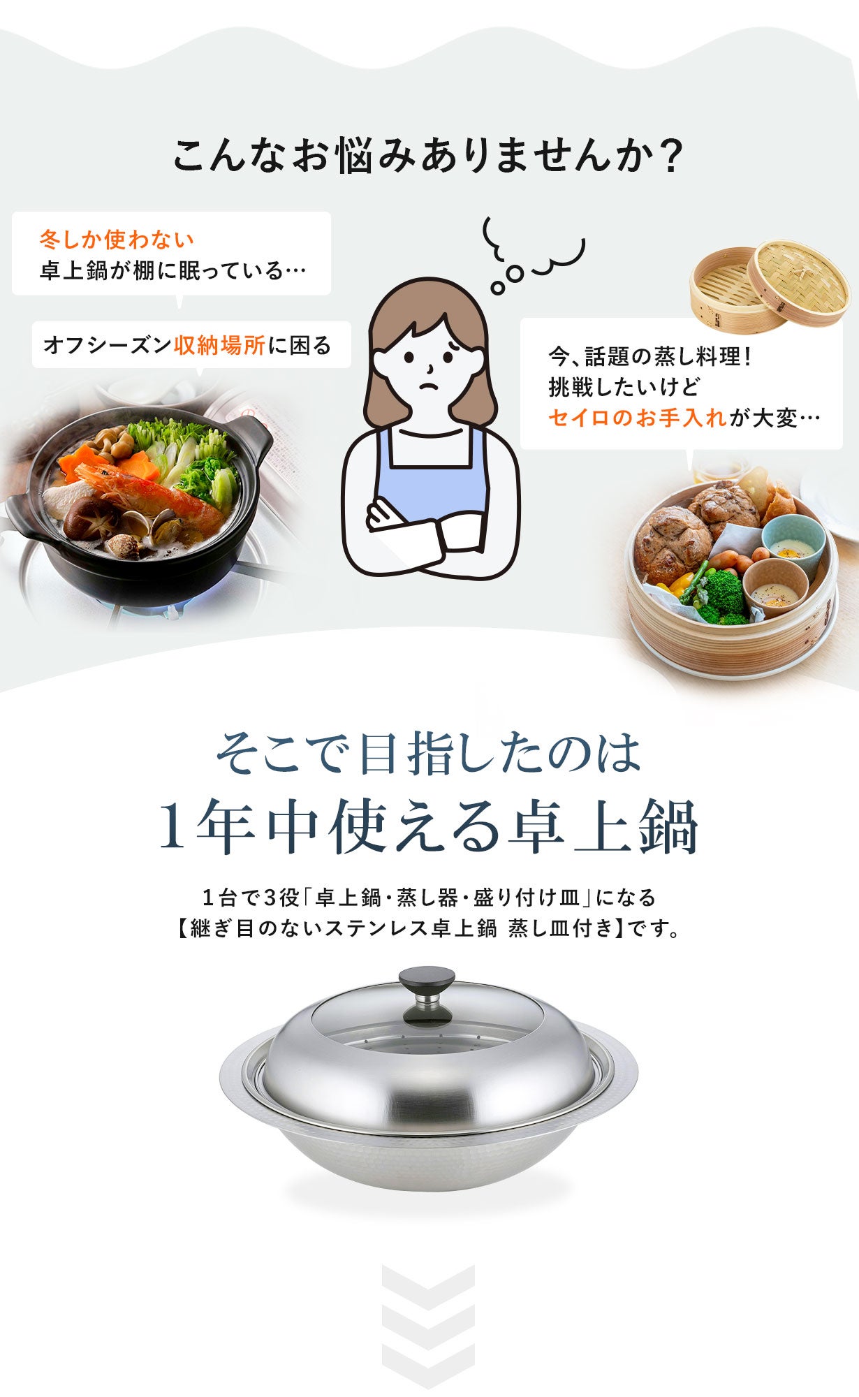 煮る・蒸す・盛り付けるがこれ一つで！1年中使える卓上鍋｜マクアケ