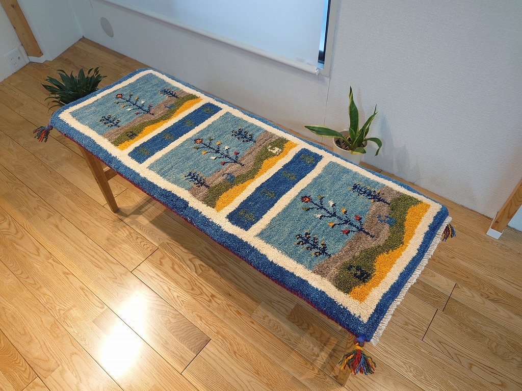 ペルシャ ギャッベ ミニランナー ラグ 115x43cm 青 風景 RJ15183G