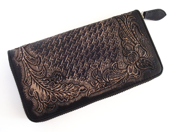 カービング ジップタイプ アンティークブラックレザーウォレット